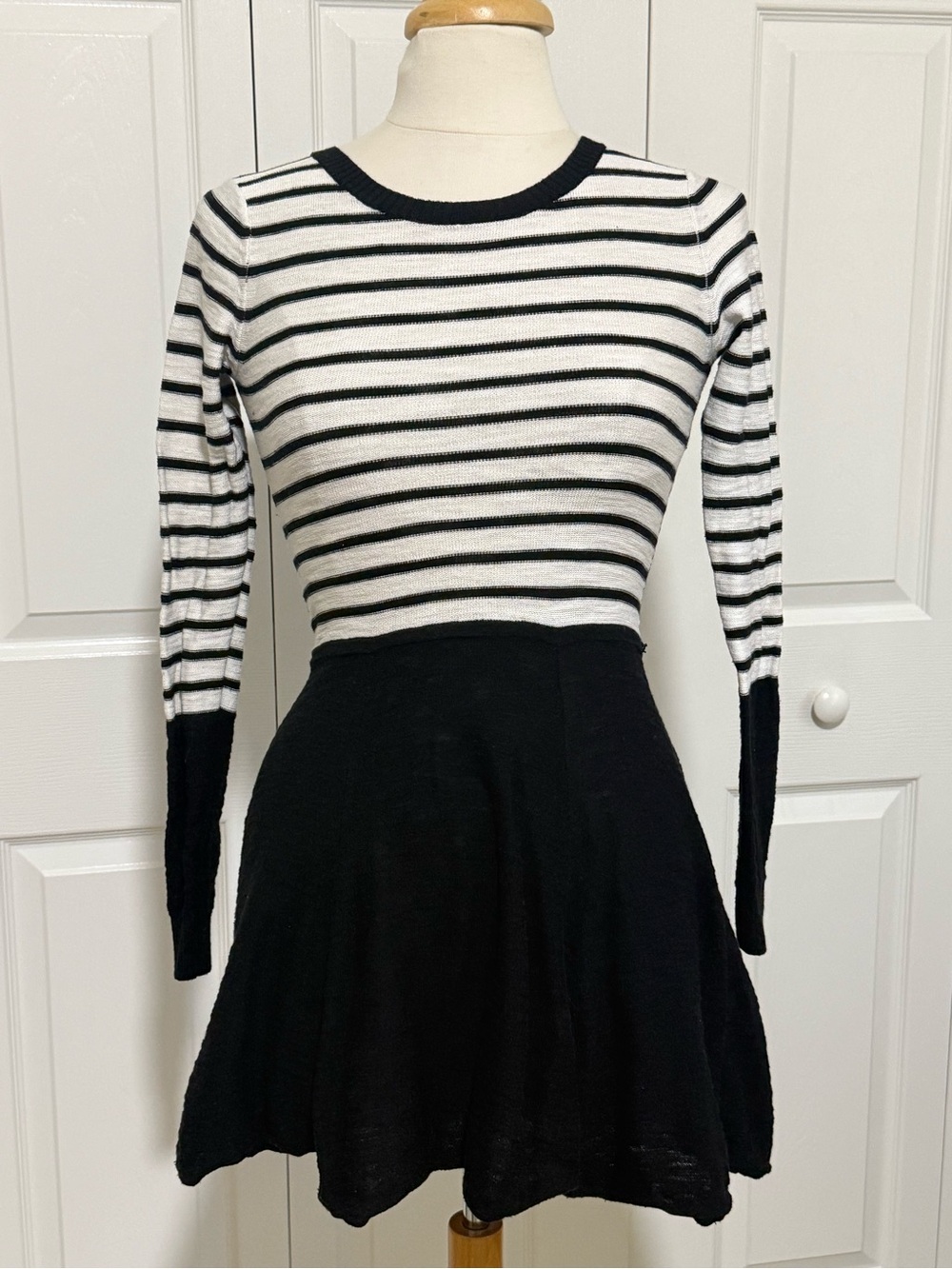 Express Black and White Striped Long-Sleeve Fit & Flare Dress